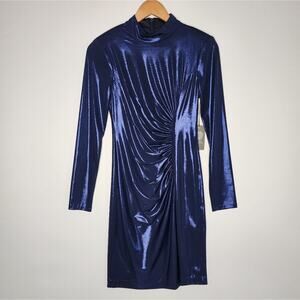Vince Camuto Blue Metallic Shimmery Mock Neck Dress